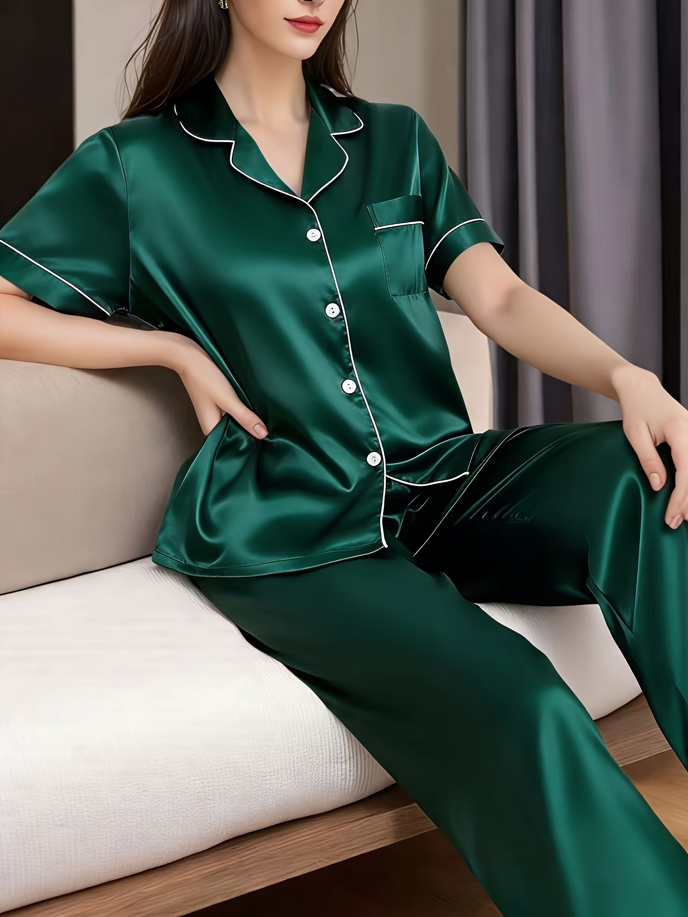 satin spring and summer loungewear for women featuring short sleeves long pants a easy design and a collared cardigan Product details 15