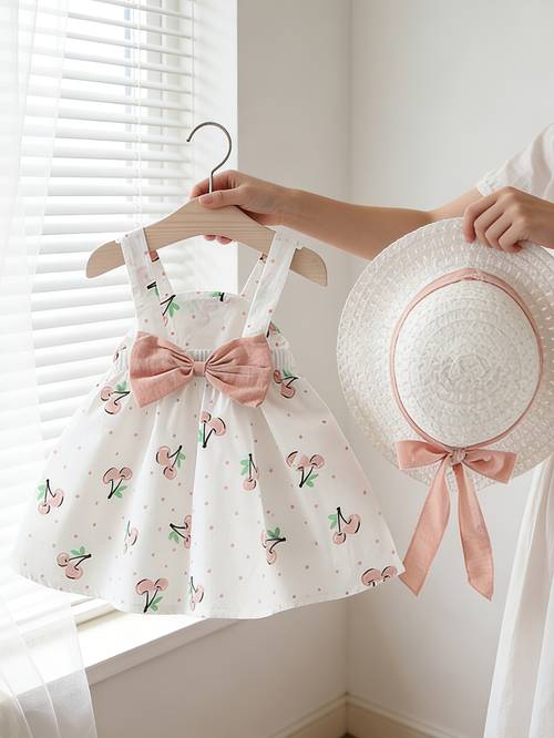 poza articolului rochie tip camisolă cu fundă și pălărie pentru fete în stil de vacanță, îmbrăcăminte de vară pentru fete, rochie fără mâneci cu imprimeu cu buline și cireșe, îmbrăcăminte de vară răcoroasă pentru ieșiri pentru fetițe