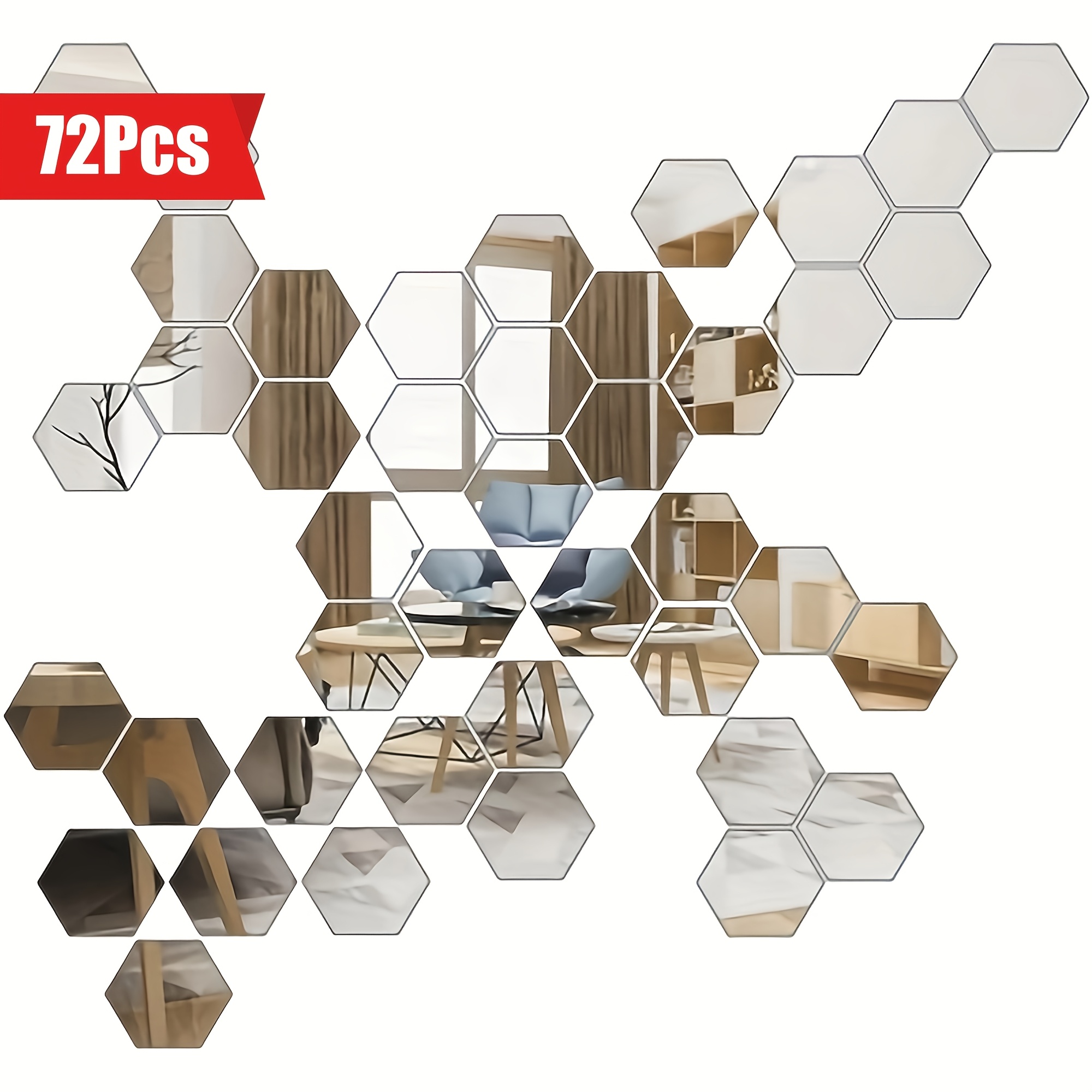 

72pcs Hexagonal Creative - -adhesive Wall Sticker Acrylic Mirror Sticker Hexagonal Decorative Mirror Wall Sticker Mobile Combination Wall Sticker Diy Free Combination Room Decoration Wall Mirror