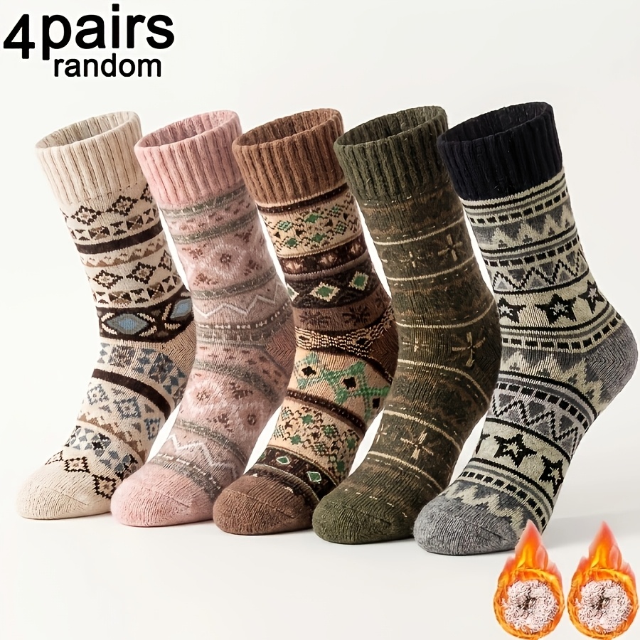 TEMU 4 Pairs Random Vintage Ethnic Style Thermal Mid-calf Terry Socks For Couples, Warm Winter Autumn Socks For Home Daily & Christmas Outfits
