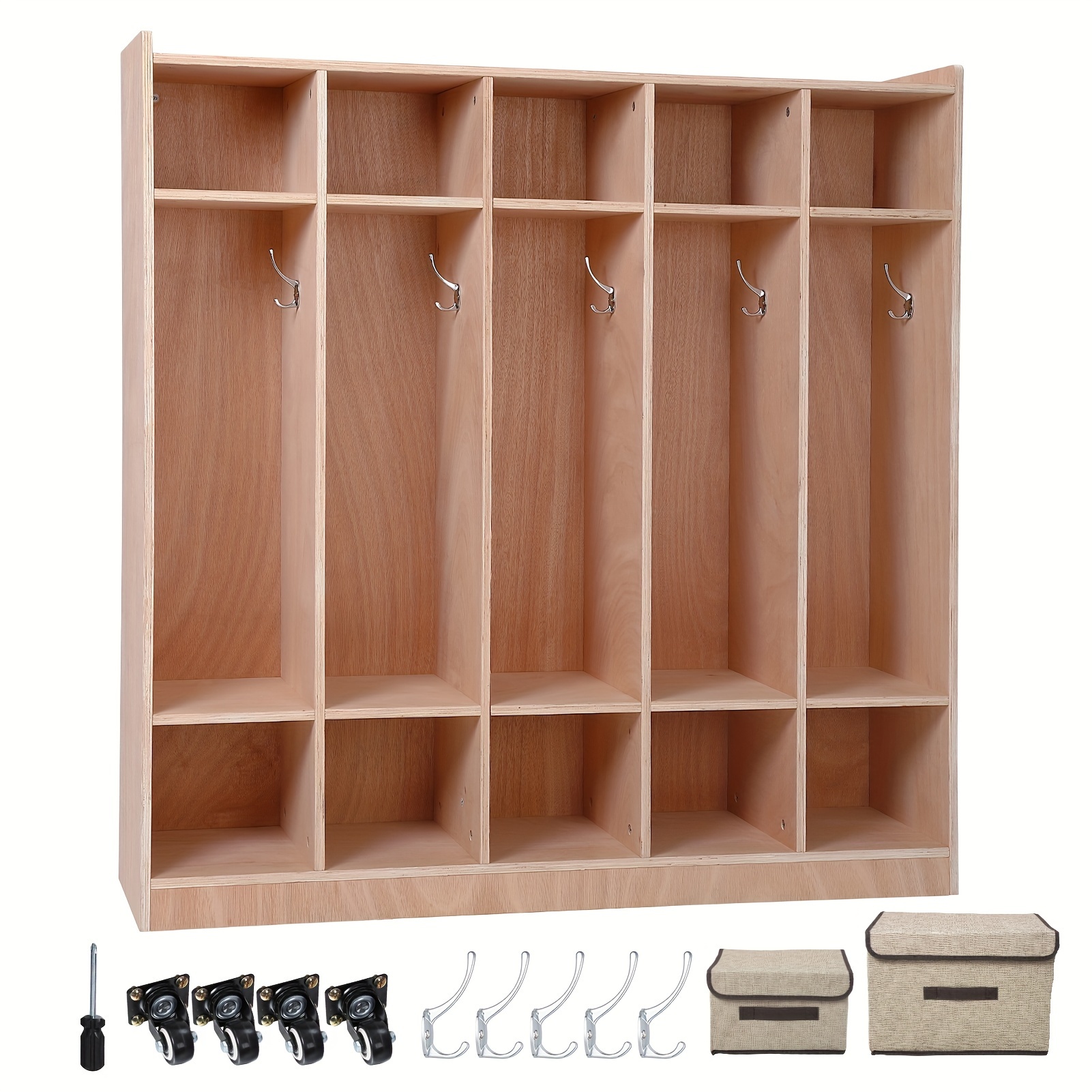 

5-section Classroom Coat Locker, 10 For Classrooms, Daycare Cubby With 4 Casters, 5 Hooks And 2 Storage Boxes, For Home, School