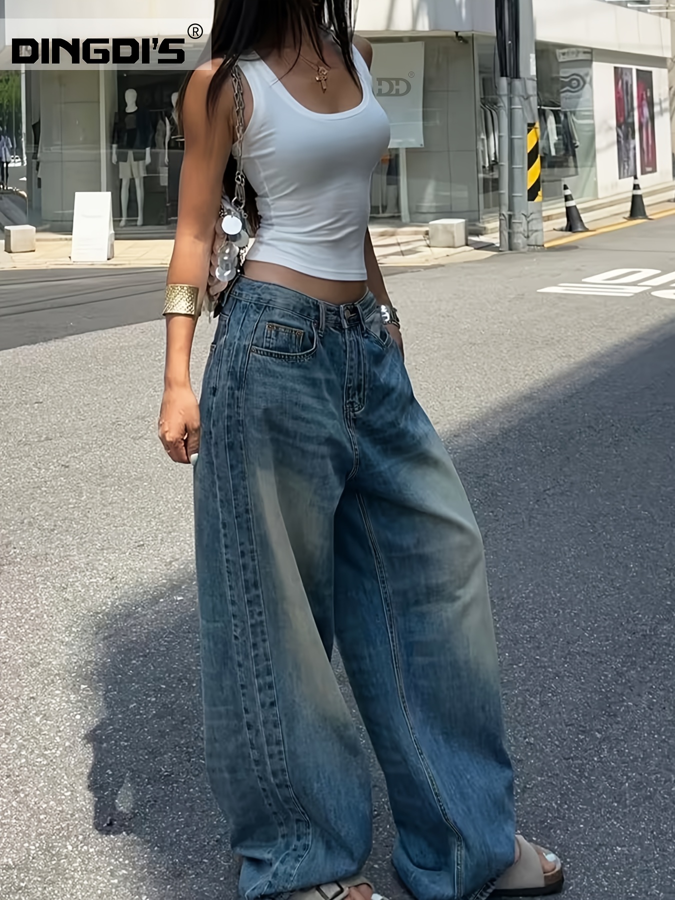 Jeans Baggy Femme - Coupe Droite, Taille Haute, Jambes Larges - Tissu Stretch Délavé, Style Rétro Streetwear - Confortable Et Tendance - 10