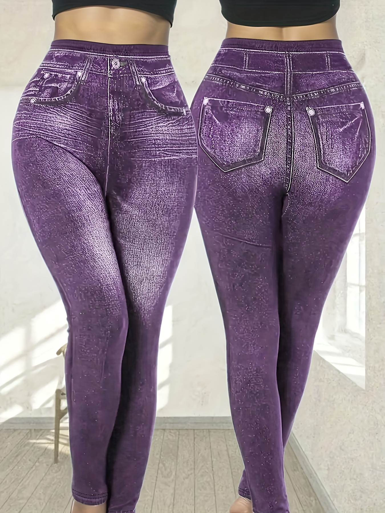 [Pantalon Imprimé - Non en Denim] Grande Taille - [Pantalon Imprimé - Non en Faux Denim] Grande Taille - Leggings Grande Taille avec Impression Numérique Effet Denim, Pantalons Longs, Non en Faux Denim