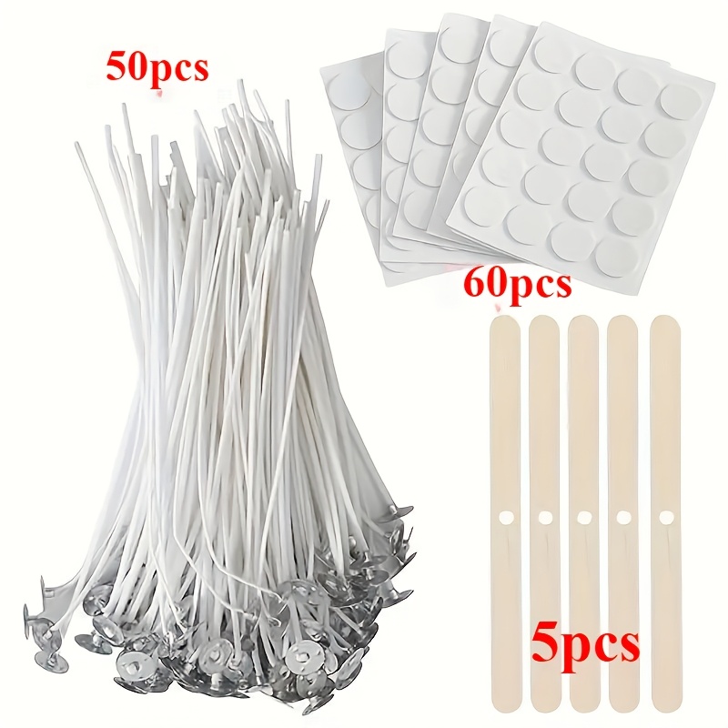 115pcs Candle Making Kit with 50 Wicks in 10cm, 15cm, 20cm, 60 Wick Stickers, and 5 Wooden Holders for Soy and Beeswax Candles