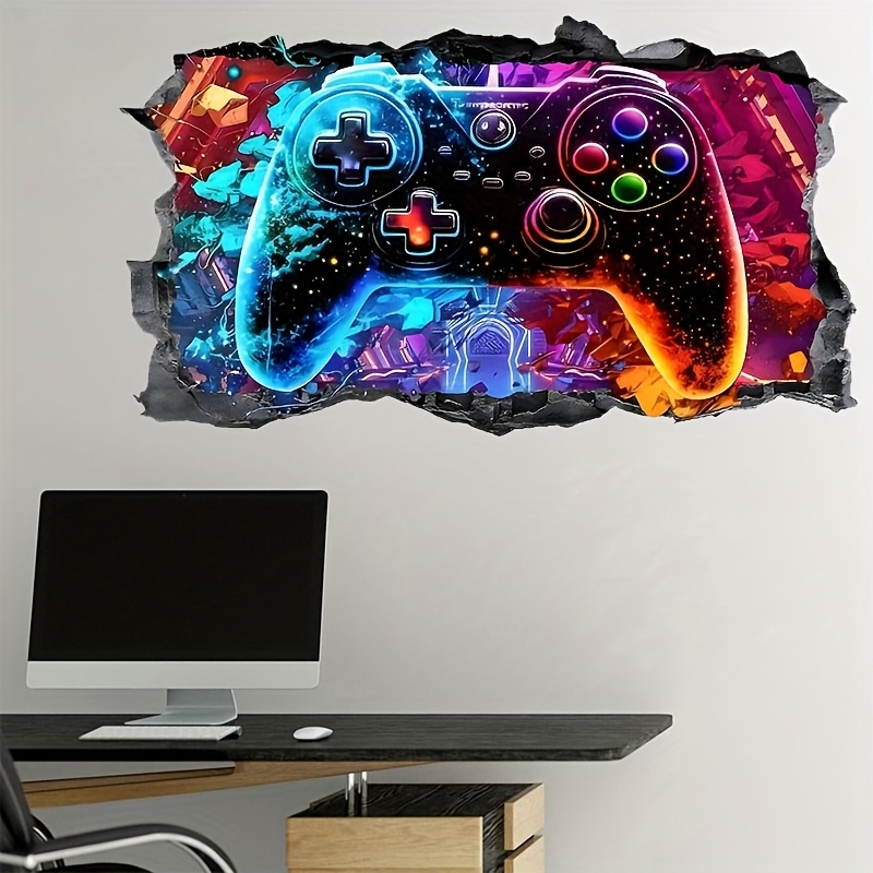 Pegatina De Pared 3D Para Gamers - Tamaño 50x30.5 Cm, Efecto De Gamepad, Fácil De Pelar Y Quitar