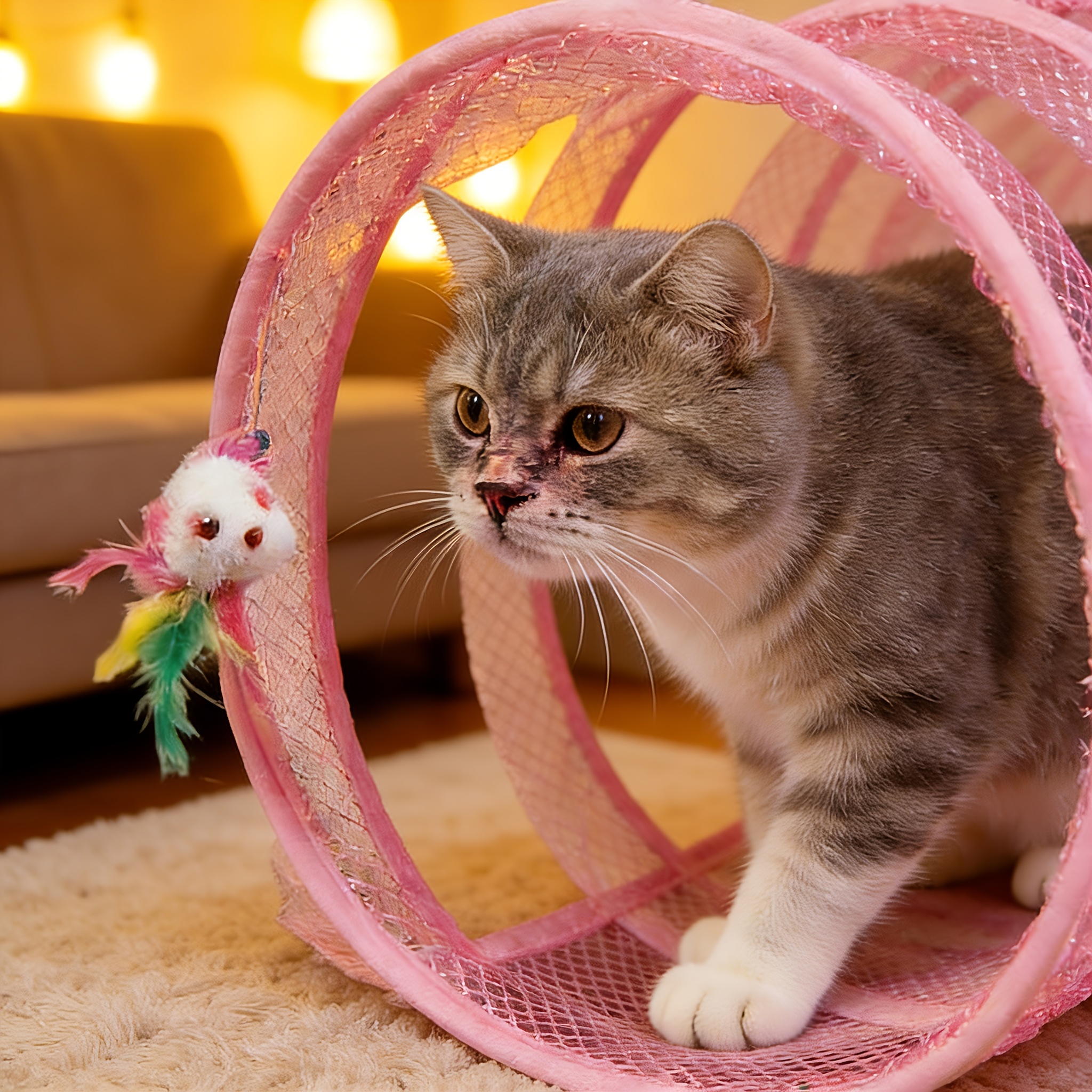 Interactive Cat Tunnel Channel with Simulated Feathers