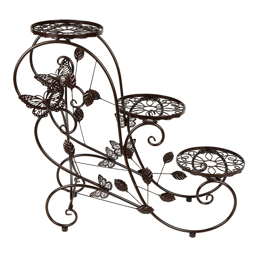 Image of 3-tier Metal Plant Stand | Corner Style Tall Flower Pot Display Rack, Indoor & Outdoor Use, Decorative Plant Storage Shelf For Home, Patio, Office, Garden (bronze)