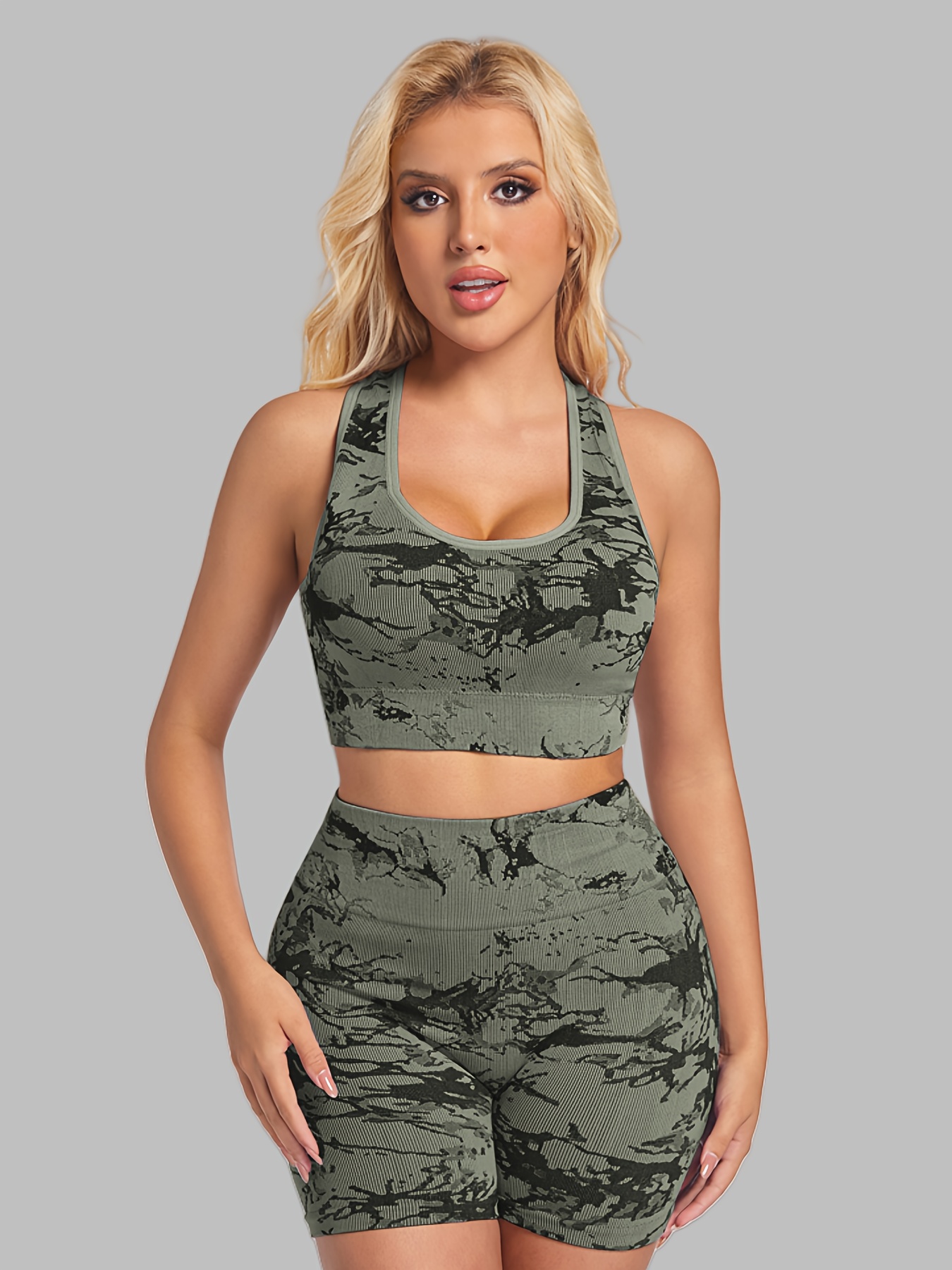 womens sports bra and shorts set with tie dye design for yoga fitness and running details 1