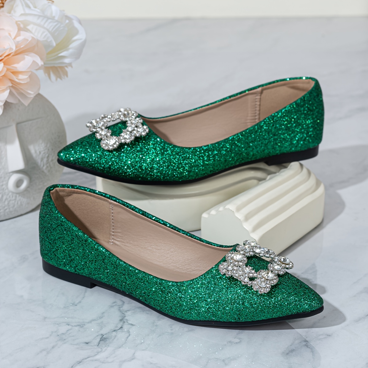 

Women's Rhinestone Buckle Flat Shoes, Fashion Sequins Pointed Toe Banquet Shoes, Slip On Evening Dress Flats For Music Festival
