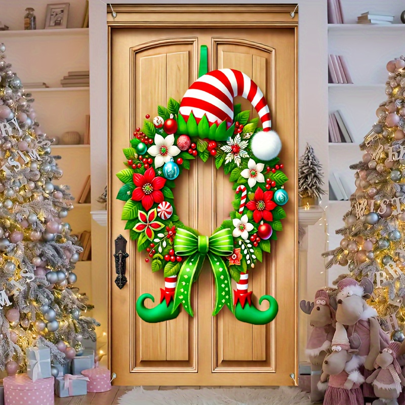 

Festive Elf Wreath Door Curtain - 100% Polyester, No Power Needed, Indoor & Outdoor Decorations, Ideal For Parties And Home Celebrations, Design With Rings, 35.43x70.87 Inches, Christmas Decor