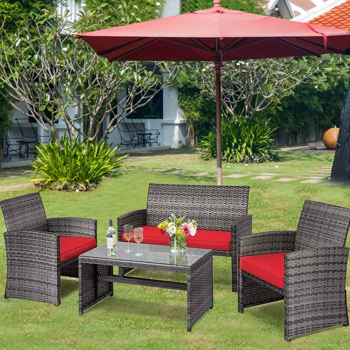   4pcs patio rattan furniture set conversation glass table top cushioned sofa red