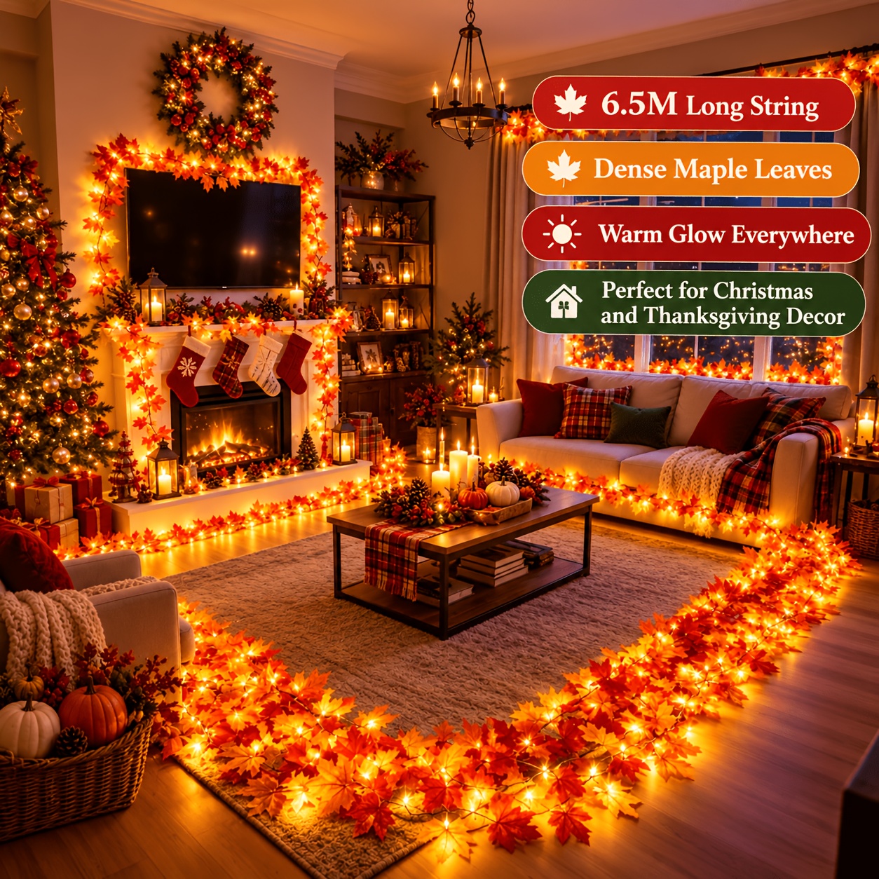 TEMU Guirlande Lumineuse de 65 LED de Feuille d'Érable Simulée, Décoratives de Feuille d'Érable pour Thanksgiving, Guirlande Lumineuse de Feuille