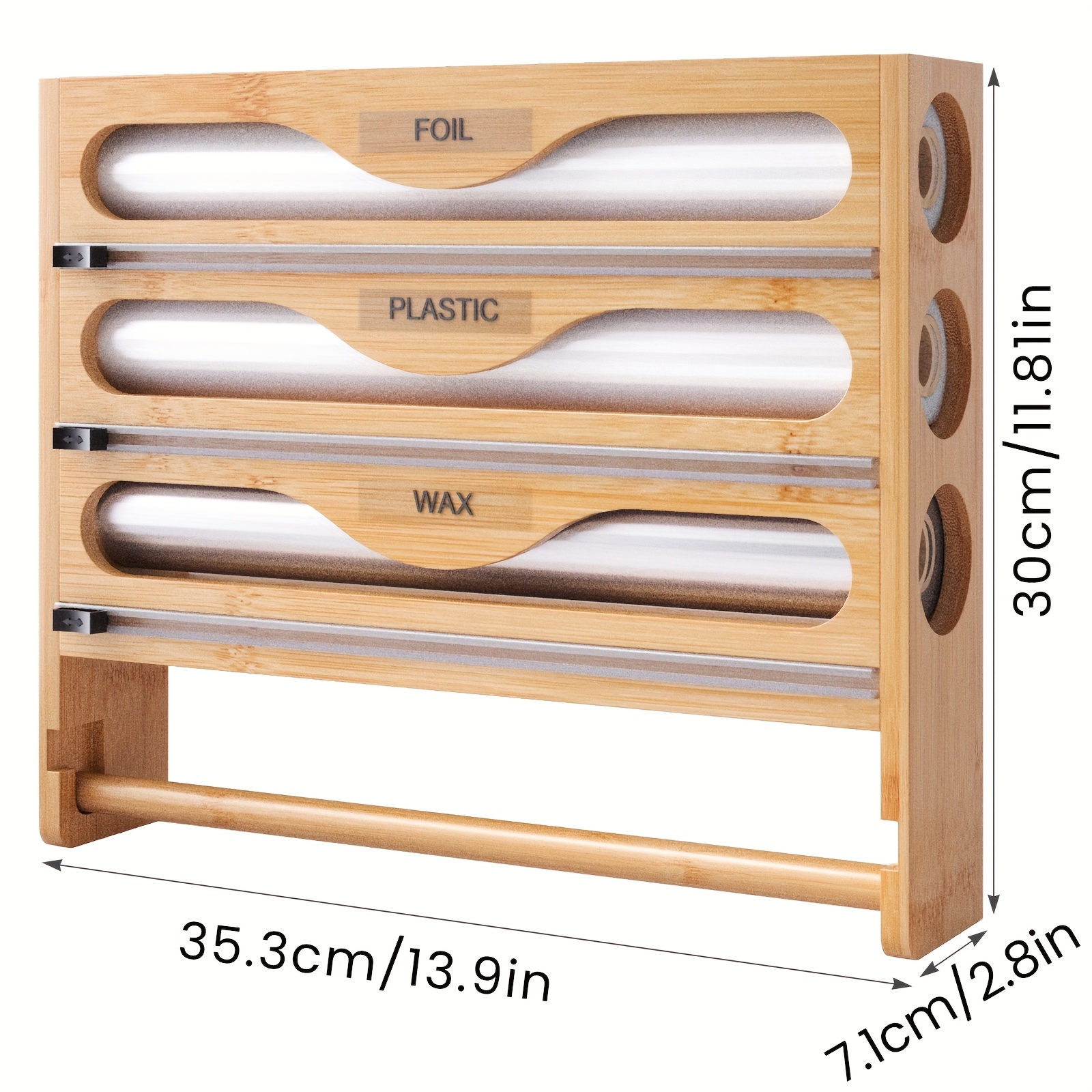 Image of A Single Unit With A Tissue Holder, 3 Compartments For Kitchen Paper, Plastic Bags, Cling Film, And A Foil Cutter, Wall-mounted For Spice And Tissue Storage.