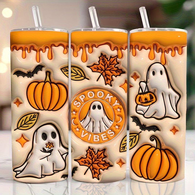 

1pc 20oz Spooky Stainless Steel Tumbler With Lid, Double-wall Vacuum Insulated Travel Cup For Hot And Cold Drinks, Durable Ghost And Pumpkin Design For Home, Outdoor, Beach Vacation