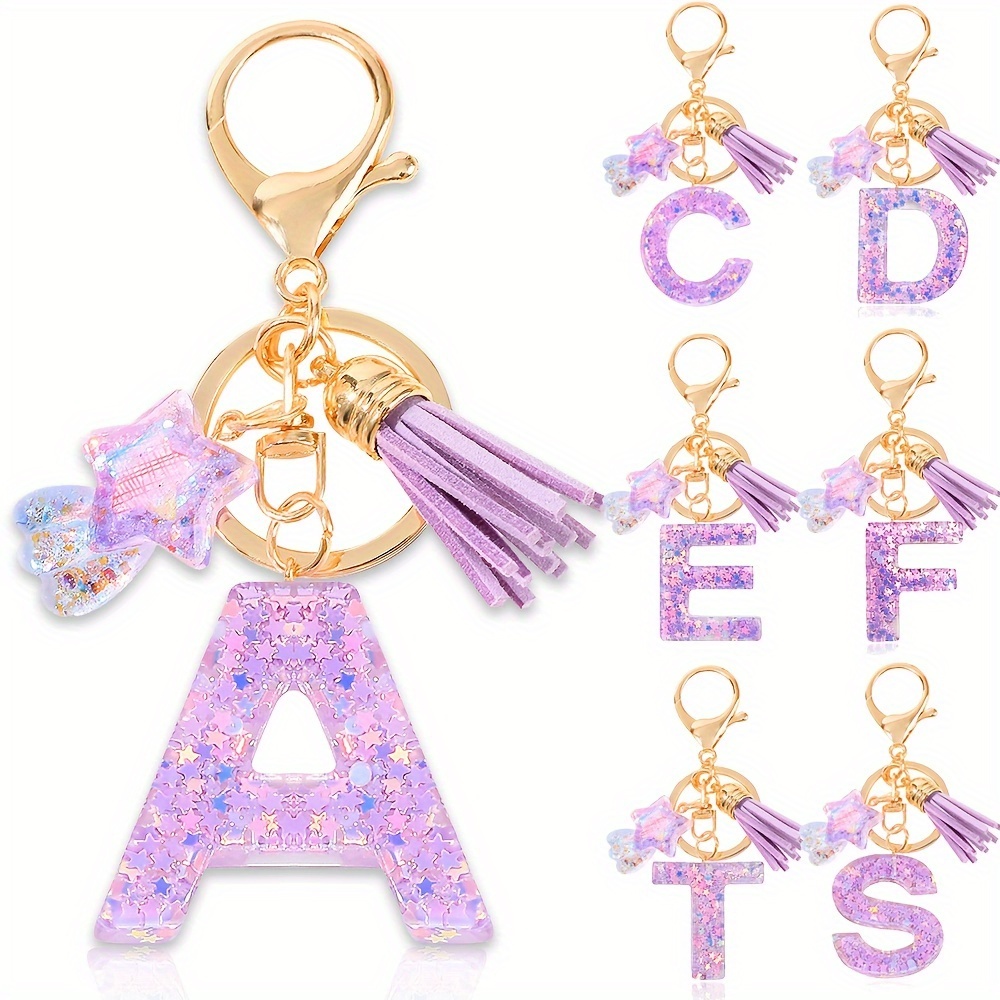 Artikelbild einzelnes stück buchstabenbriefschlüssel mit stern- und quastencharms, resin damen-schlüsselring mit hakenverschluss, glitzernde und imitation-kristall-pendel, dekoratives mode-accessoire, für valentinstag und schulanfang geschenk