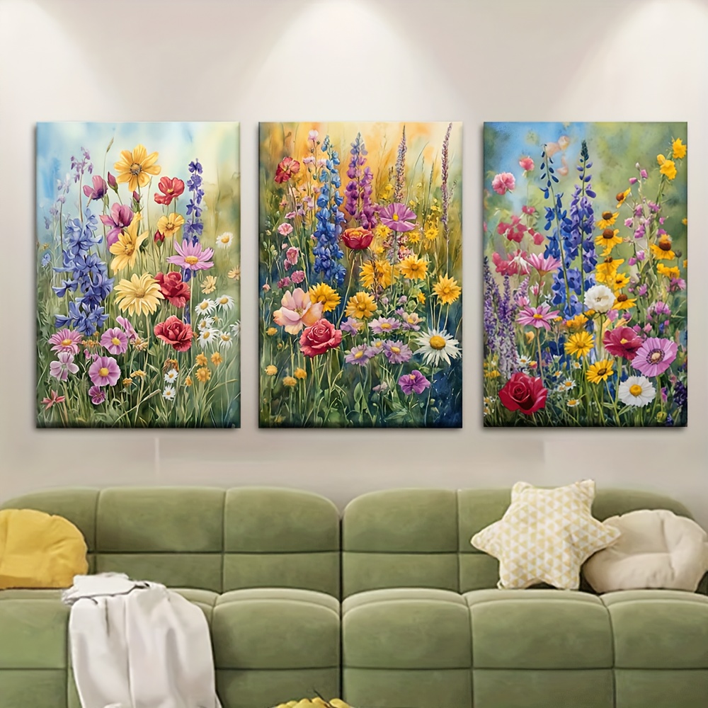 TEMU 3pcs/set, Canvas Painting--unframed, Full Of Colorful Wildflowers, Posters And Prints, Living Room, Library, Office, Cafe, Bar, Abstract Art,