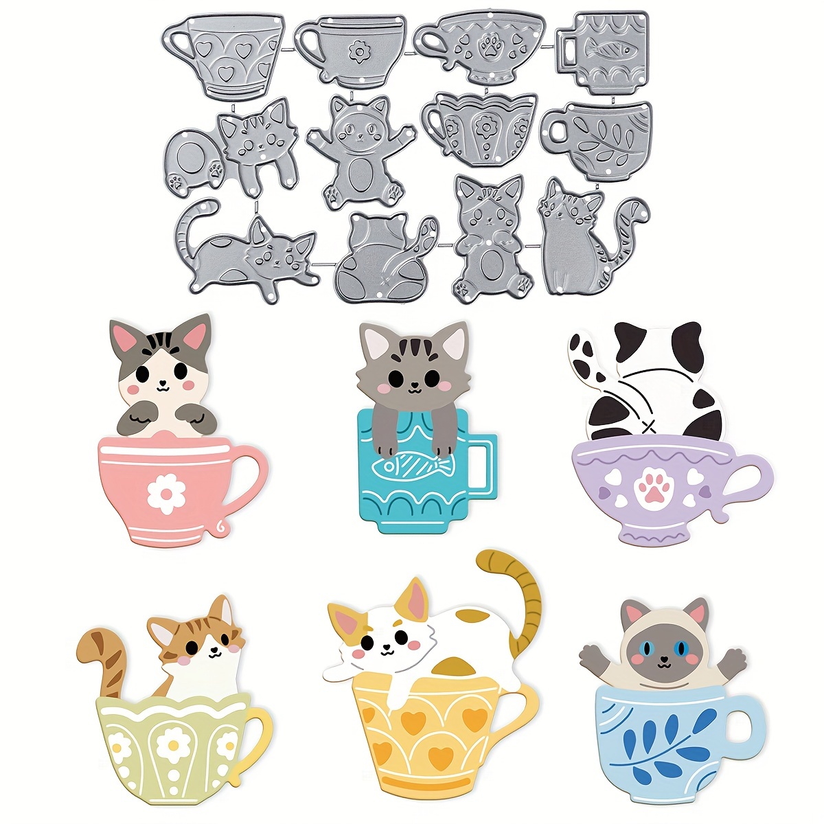 

1pc, 2024 New "teacup Cat" Card Embossing Making Mold, Diy Cardboard Decoration Crafts, Metal Cutting Mold, Scrapbook Paper Craft Mold, Back To School Season Teacher's Day Birthday Card Album Making