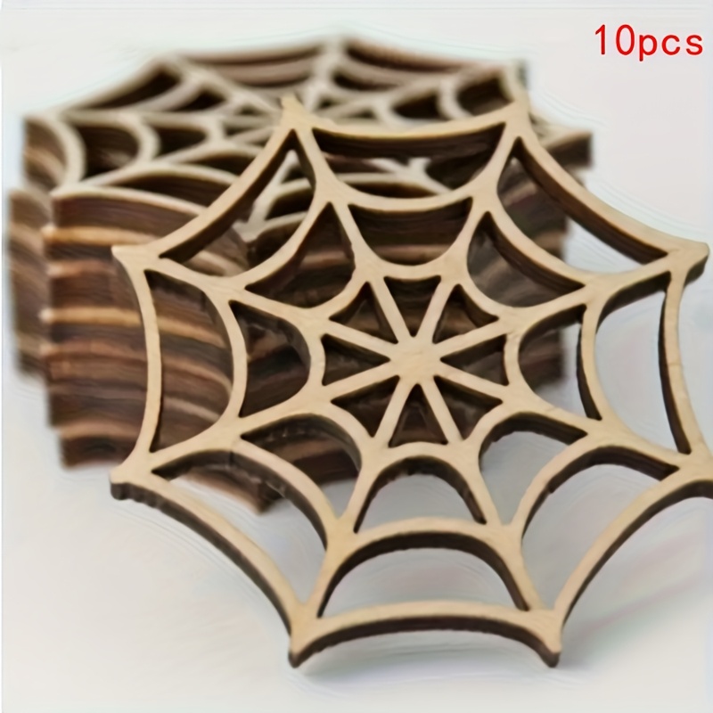 Image of 10pcs Wooden Web Shaped Craft Pieces, Diy Painting, Graffiti Decorations, Suitable For Halloween, Christmas, Birthdays, Wedding Favors, Party Gifts, Home Decor