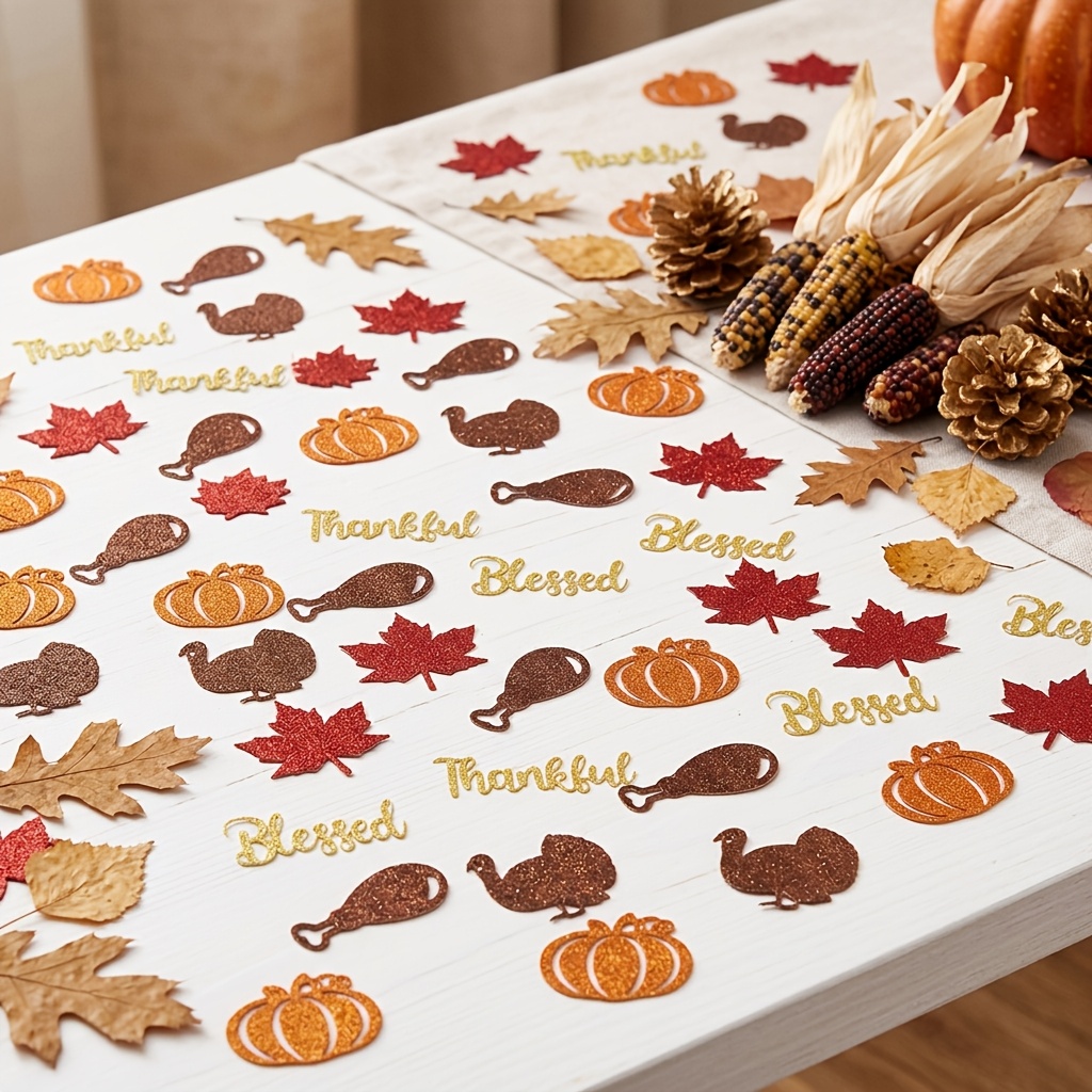 TEMU 70pcs Thanksgiving Theme Glitter , Turkey Pumpkin Maple Leaf Shaped Table , Party Table Decoration , Holiday Scene Arrangement Ornaments