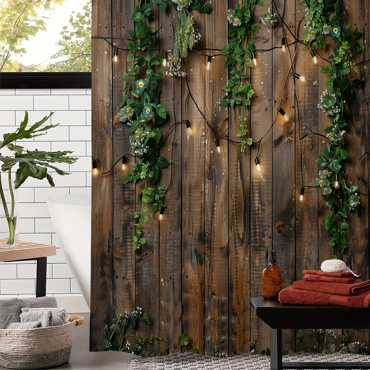 

Vintage Wooden Board Wall With Green Plants, Flowers, Vines & Hanging Lights Print Waterproof Shower Curtain, Polyester Woven Fabric, Artistic Design With 12 Hooks, Water-resistant, Machine Washable