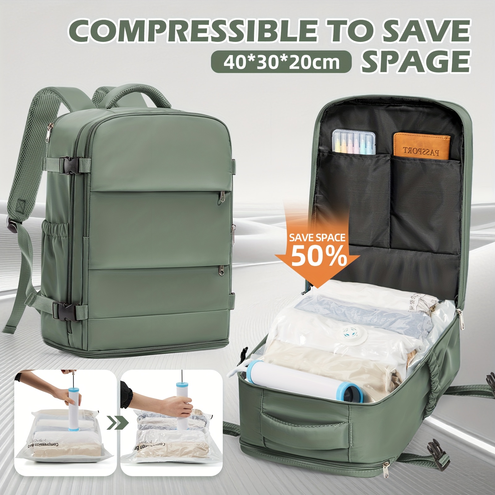 TEMU Ryanair Cabin Bags 40x30x20 Carry On Backpack Ryanair Cabin Bags Underseat Travel Backpack + Vacuum Bag + Manual Vacuum Pump Three-piece Set