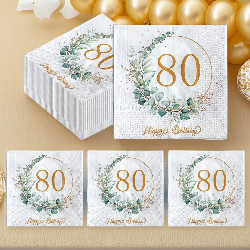 E-shop 80. Geburtstag Dekorative Servietten - 40 Eukalyptus Gold-Grunde Servietten, Perfekte Wahl für Tischdekoration bei Partys für Männer und Frauen