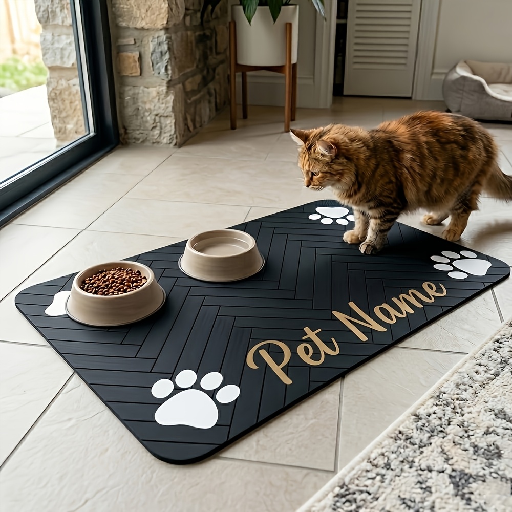 TEMU 1pc Personalized Custom Name/text Pet Feeding Mat Suitable For Indoor Use, Non-slip Absorbent Bowl Mat With Paw Print, Hygienic Covering,