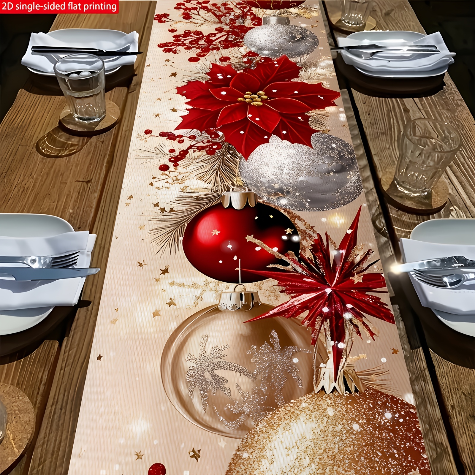 TEMU 1pc Christmas-themed Table Runner, Featuring Christmas Flowers, Sparkling Golden And Silvery Christmas Decorations, Red Berries And Pine