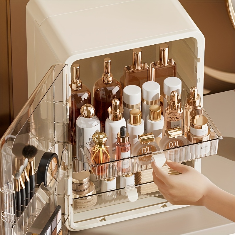 contemporary multi purpose desktop storage cabinet with built in drawers categorized compartments large capacity organizer for jewelry cosmetics makeup brushes lipsticks bottles durable plastic with magnetic closure perfect gift for valentines day mothers day graduation cosmetic holder   transparent side door sturdy construction home organizers Product details 8