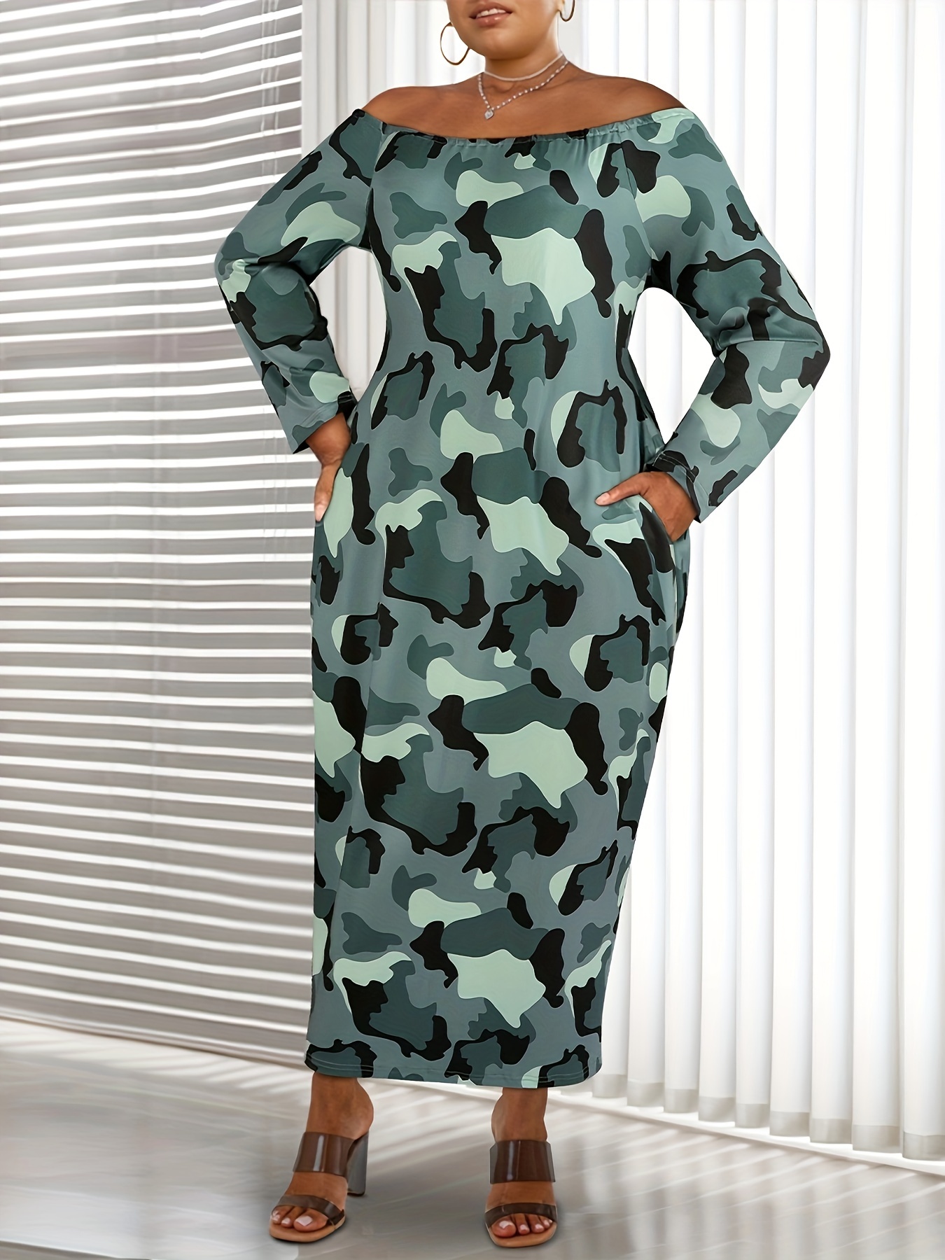 1pc Women'S Plus Size Camouflage Off-Shoulder Midi Dress Casual  Geometric-Pattern Knit Fabric with Stretch, Long Sleeve Bodycon  Silhouette fo