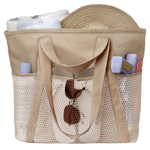 large foldable beach tote for women stylish brown with mesh zipper pockets pool travel everyday use poolside accessory stylish beach bag durable polyester beach bag tote