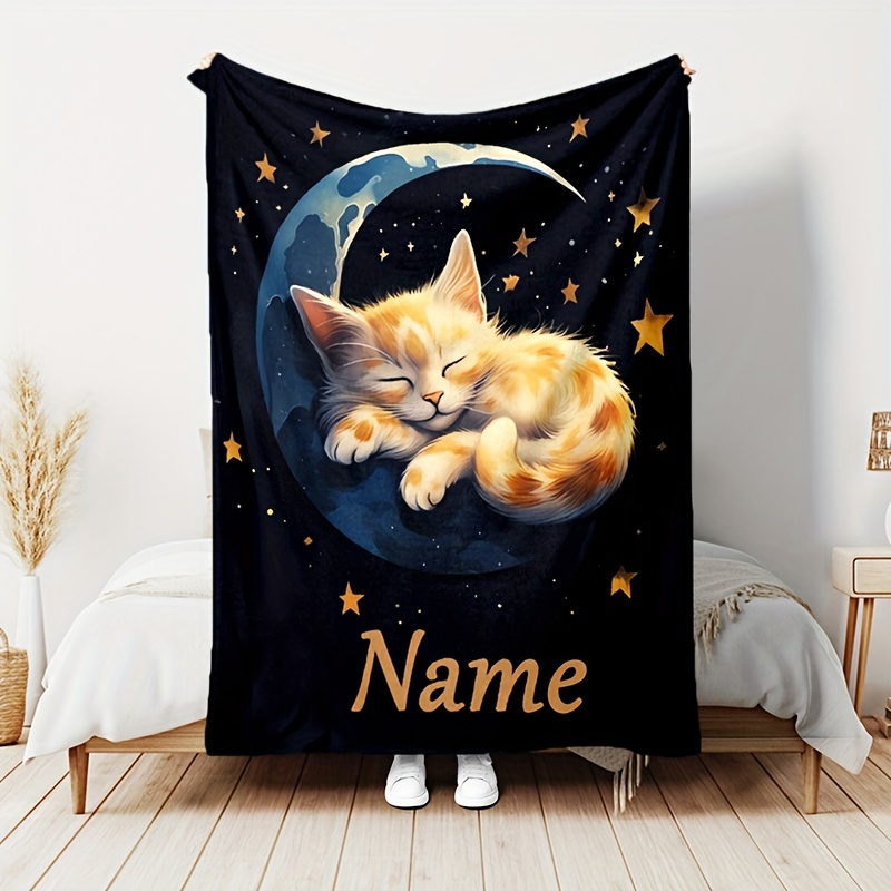 

Customizable Moon Cat Pattern Flannel Throw Blanket - Hypoallergenic, All-season, Quilted Knitting Craftsmanship, Soft Multipurpose Blanket For Sofa, Office, Nap - Ideal Gift For Family, Friends