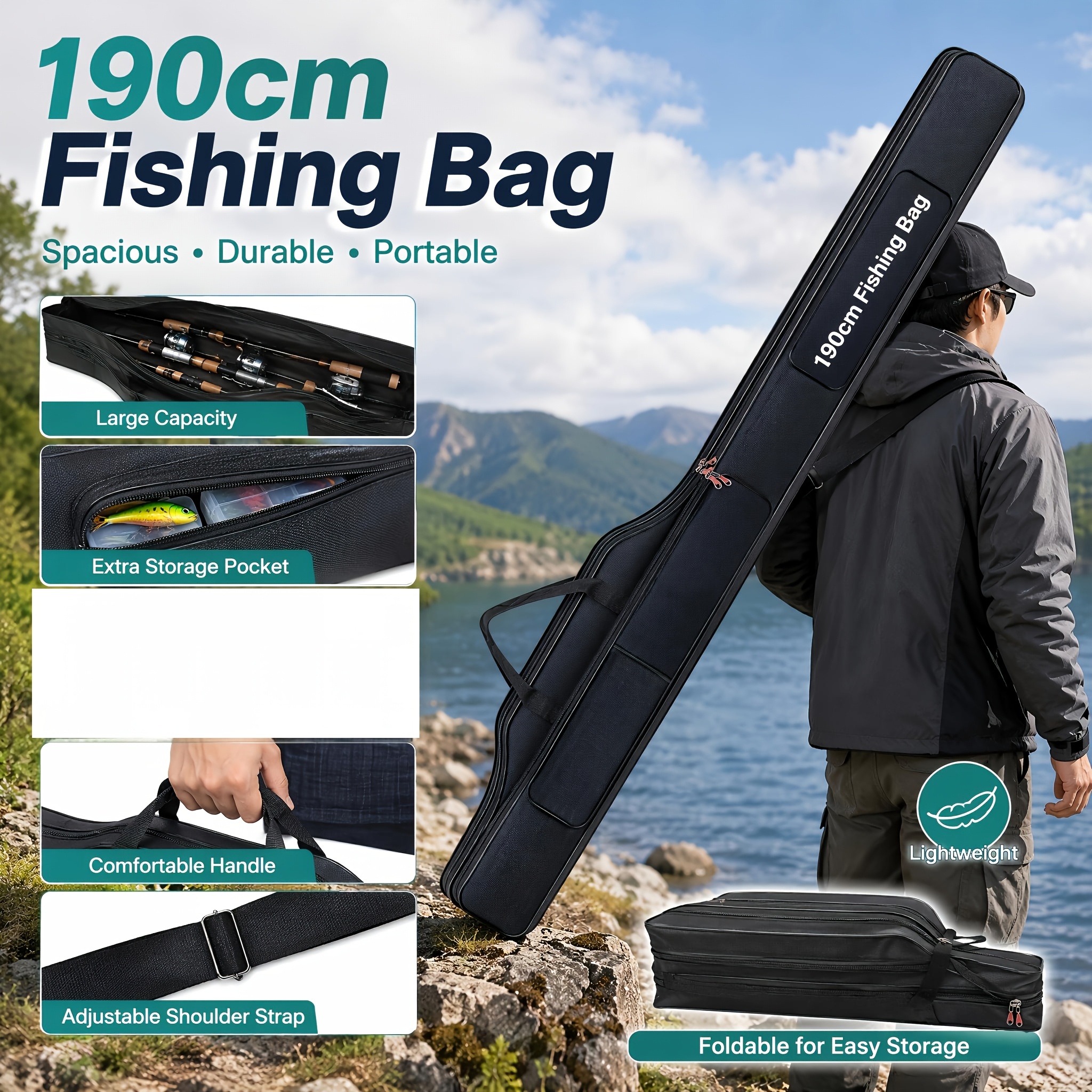 190cm Fishing Rod Bag Foldable - 2 Main Compartments And External Pockets 420d Oxford Tackle Carrier With Shoulder Strap