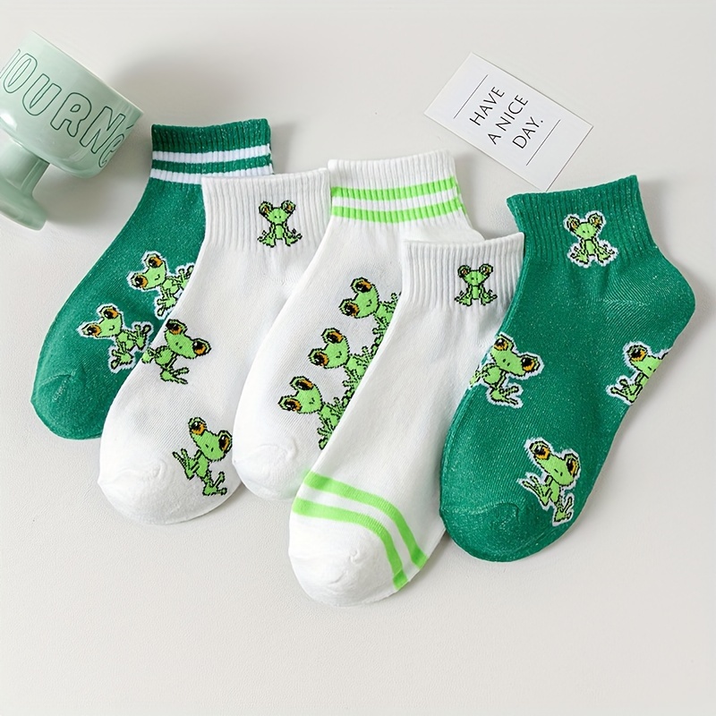 

5 Pairs Cute Cartoon Frog Pattern Ankle Socks, Comfy & Breathable Short Socks, Women's Stockings & Hosiery