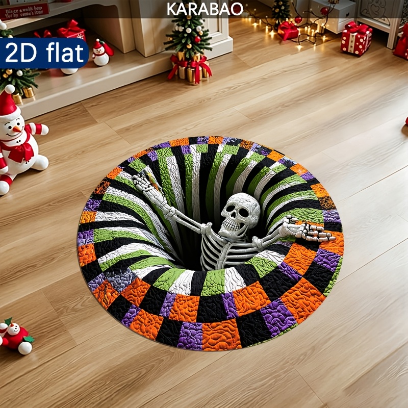 TEMU 1 Halloween-themed Round Rug Featuring A Skeleton Walking Through An Orange, Green, Purple, And Black Striped Tunnel. Features -dimensional