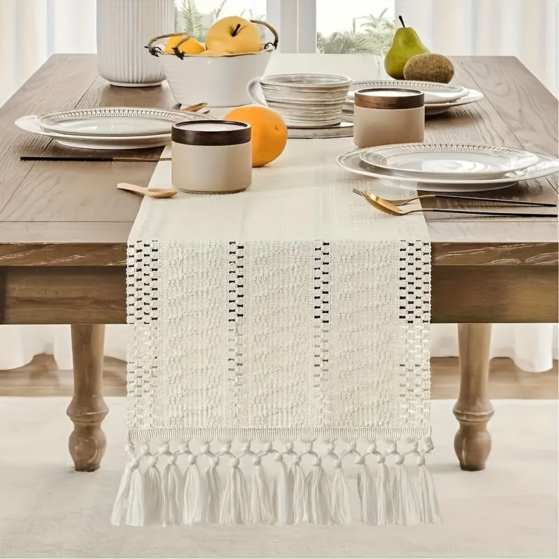 

1pc, Table Runner, Bohemian Style Pure White Linen Table Runner With Tassels, Ivory Hollow-out Design, Elegant Rustic Knitted Farmhouse Stripe Runner, Perfect For Wedding, Home, Holiday Decor