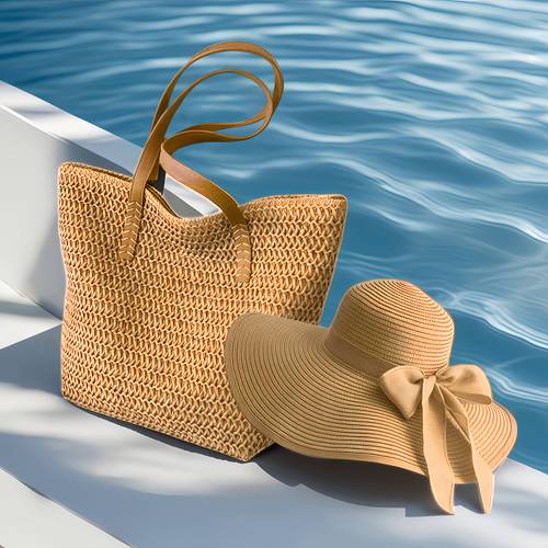 2pcs travel tote bag and straw hat fashionable woven beach bag set travel shoulder bag with beach hat camping tote bag zipper closure a polyester lining suitable for beach shopping camping and daily use beach tote bag set
