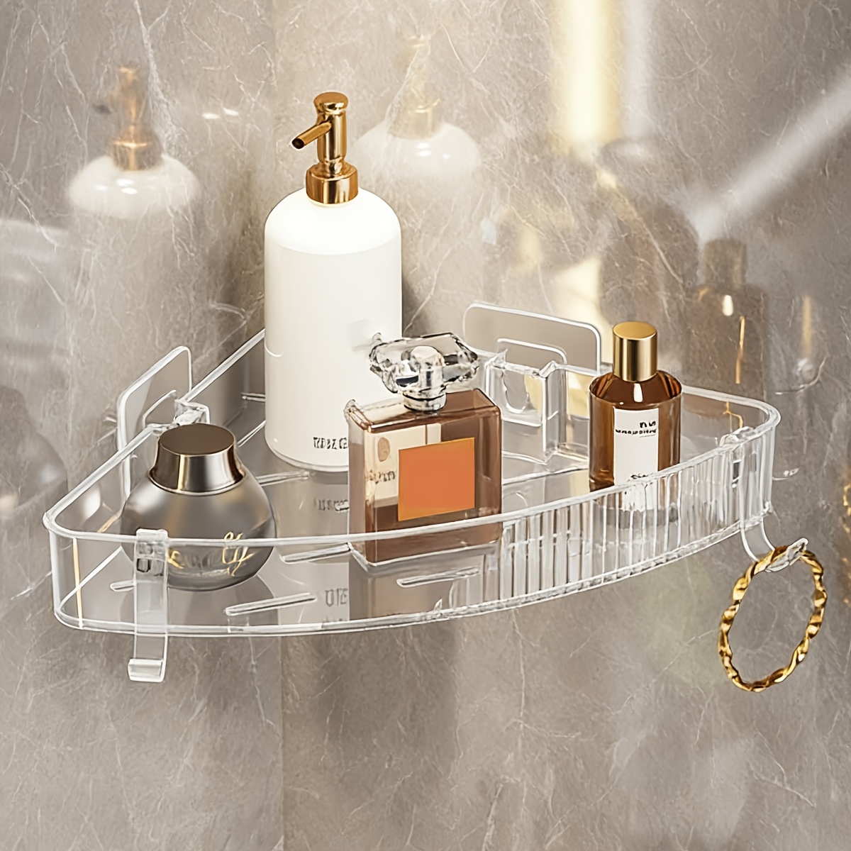 TEMU 1/2pcs Adhesive Corner Shower Caddy Wall-mounted No Drill Plastic Shelf With Hooks - Rustproof Bathroom Organizer Suitable For Shampoo,