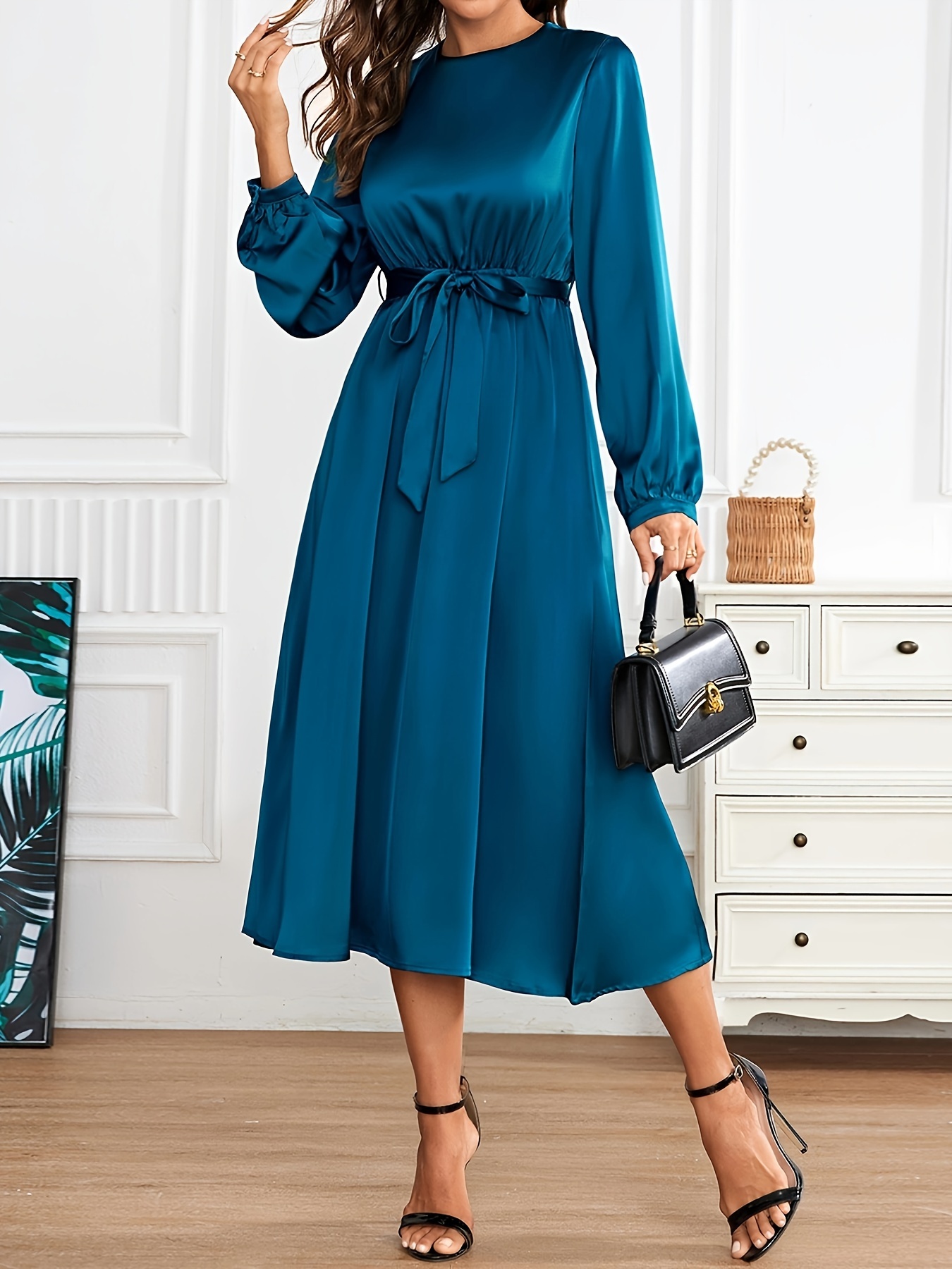 solid color crew neck dress elegant long sleeve belted aline - Temu Spain
