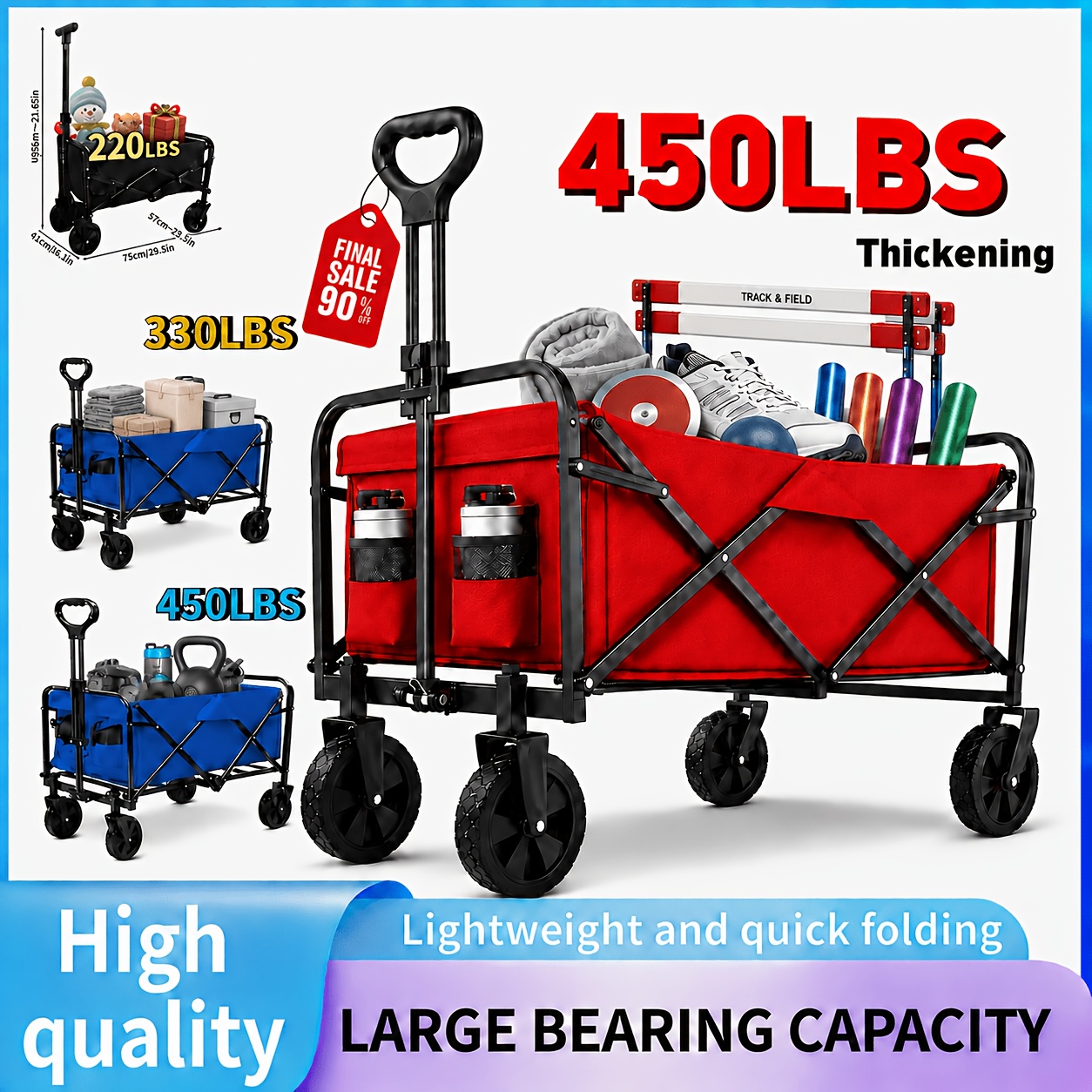 item picture   450 330 220lbs capacity heavy duty all terrain folding cart   and 800d oxford fabric foldable multi purpose wagon for track and field equipment transport vehicle no   wagons