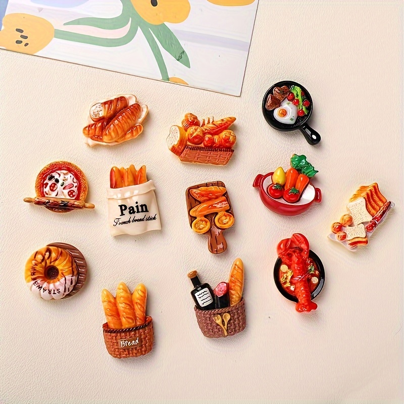 12 piece set of     toast egg tart refrigerator magnets cute miniature magnetic food decals for kitchen office cabinets dishwashers ideal for photos notes humorous fridge decor plastic rectangle shaped details 3