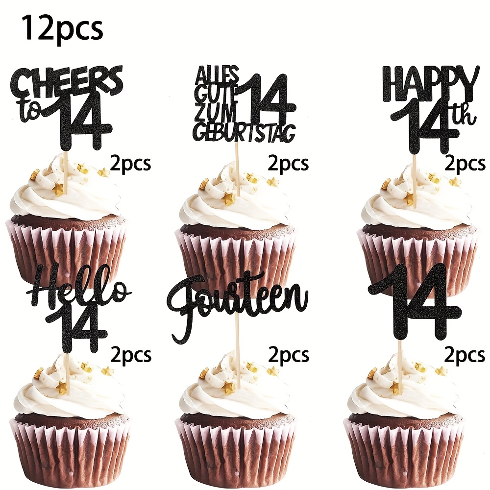 Image of 12/24pcs Cupcake Toppers Glitter Happy 14th Birthday Cake Decoration Cheers To 14 Fabulous Fourteen Cake Decoration For 14th Birthday Wedding Anniversary Party