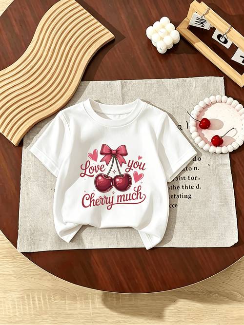 girls single piece casual print t shirt with cherry print pattern soft and comfortable fabric spring summer daily wear and casual outfit easy suitable for daily outdoor wear