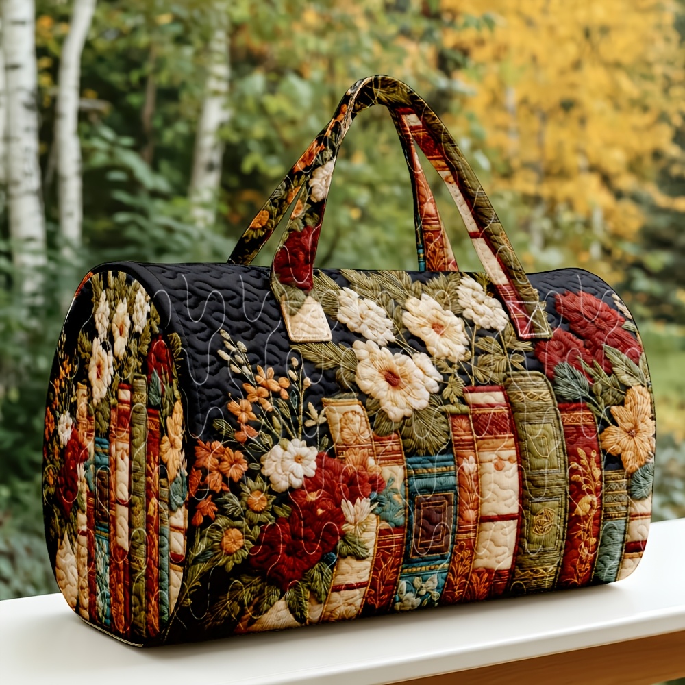 TEMU 1pc Vintage Book Floral Black Quilted Boston Bag Dark Academic Literary Style Suitable For Love Classic Literature Large Capacity Overnight
