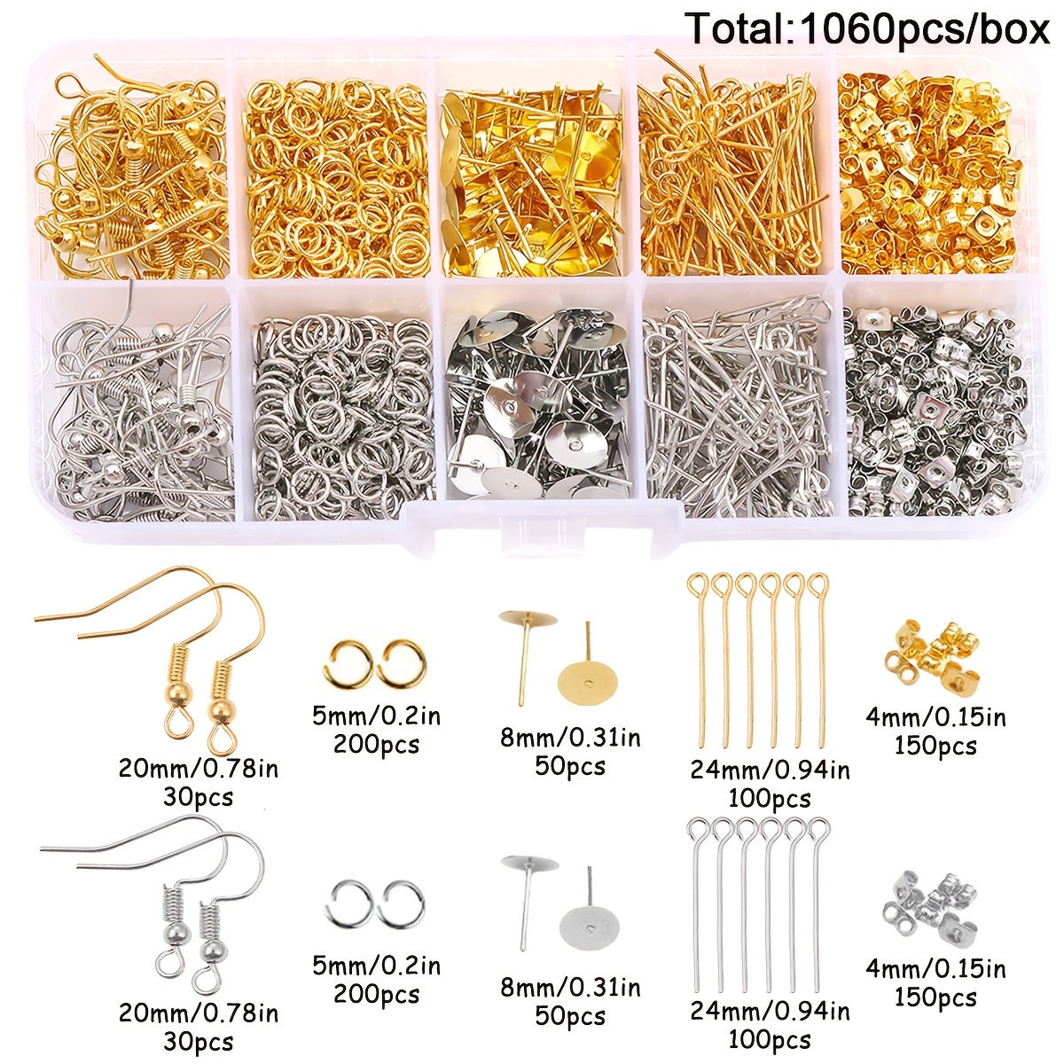 E-shop 1060/1260-teiliges Ohrstecker-Set – Enthält Ohrhaken, Schmetterling- Gummi-Ohrstecker-Verschlüsse – für DIY-Schmuckherstellungszubehör