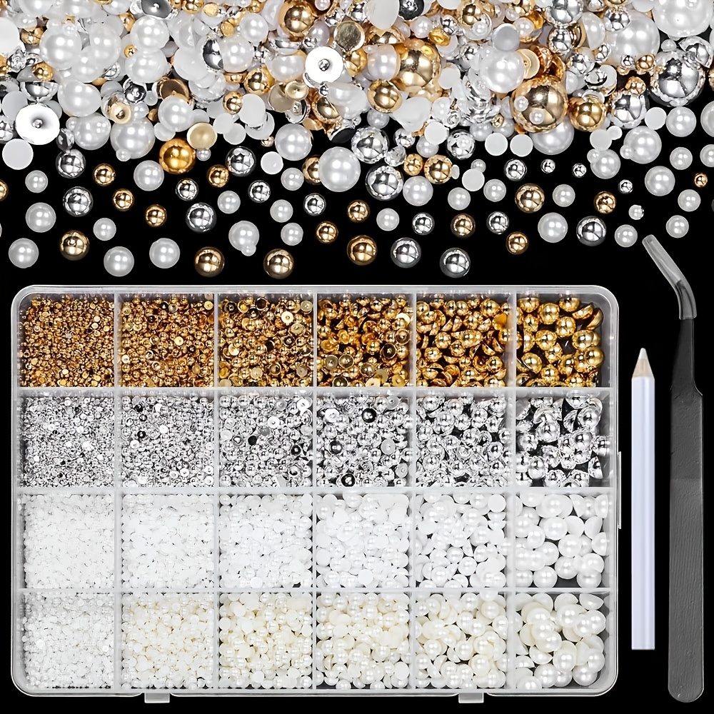 TEMU 5000pcs /box Golden Silvery Flatback For Crafting, Half Round Nail Gems, 2-8mm White Beige Beads For Diy Face Makeup With Pickup Pencil Tweezer,