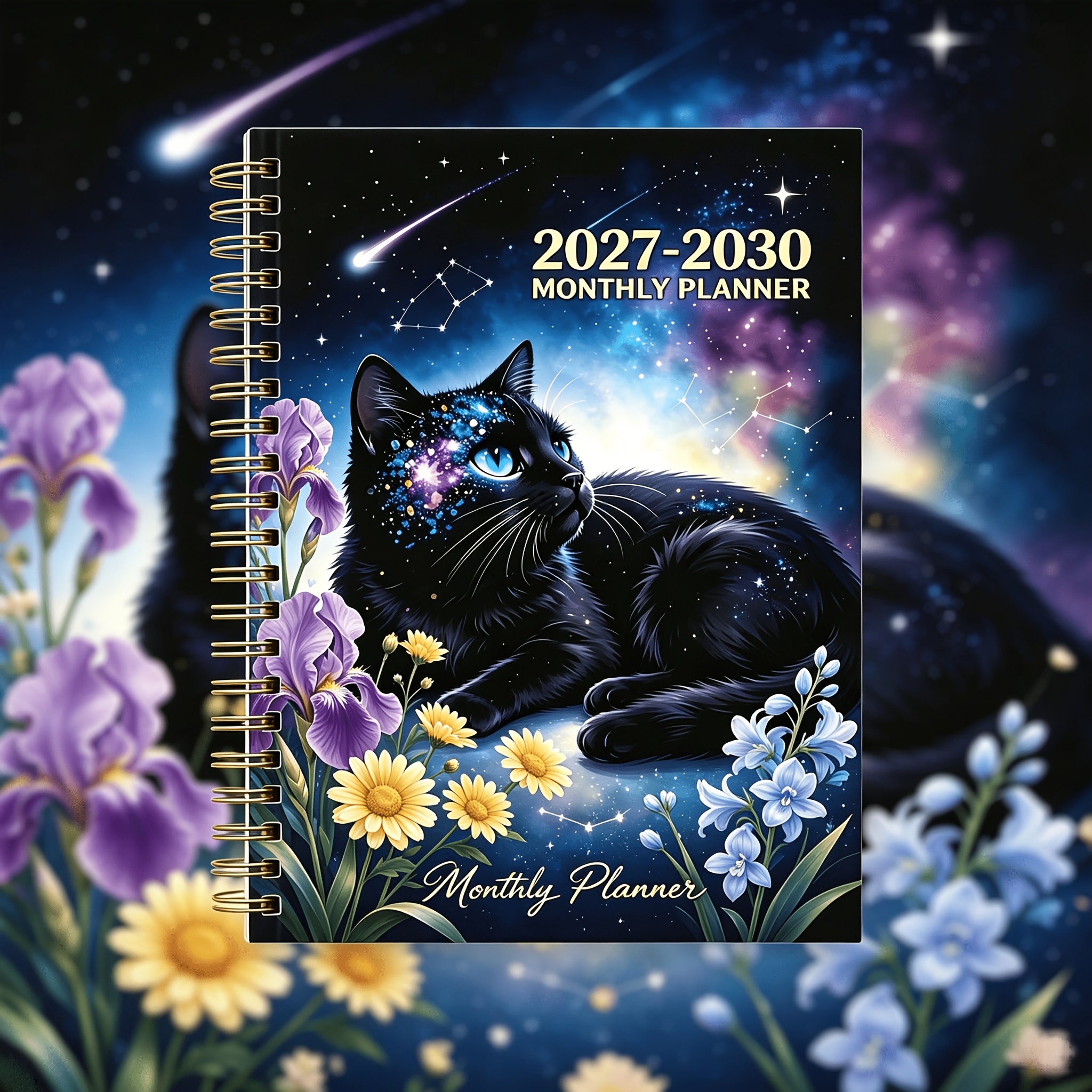 TEMU 2027-2030 Monthly Planner, 48-month Calendar Notebook From Jan 2027 To Dec 2030, Black Cat Floral Cover Monthly Journal, 5.5 X 8.3 Inch Thick