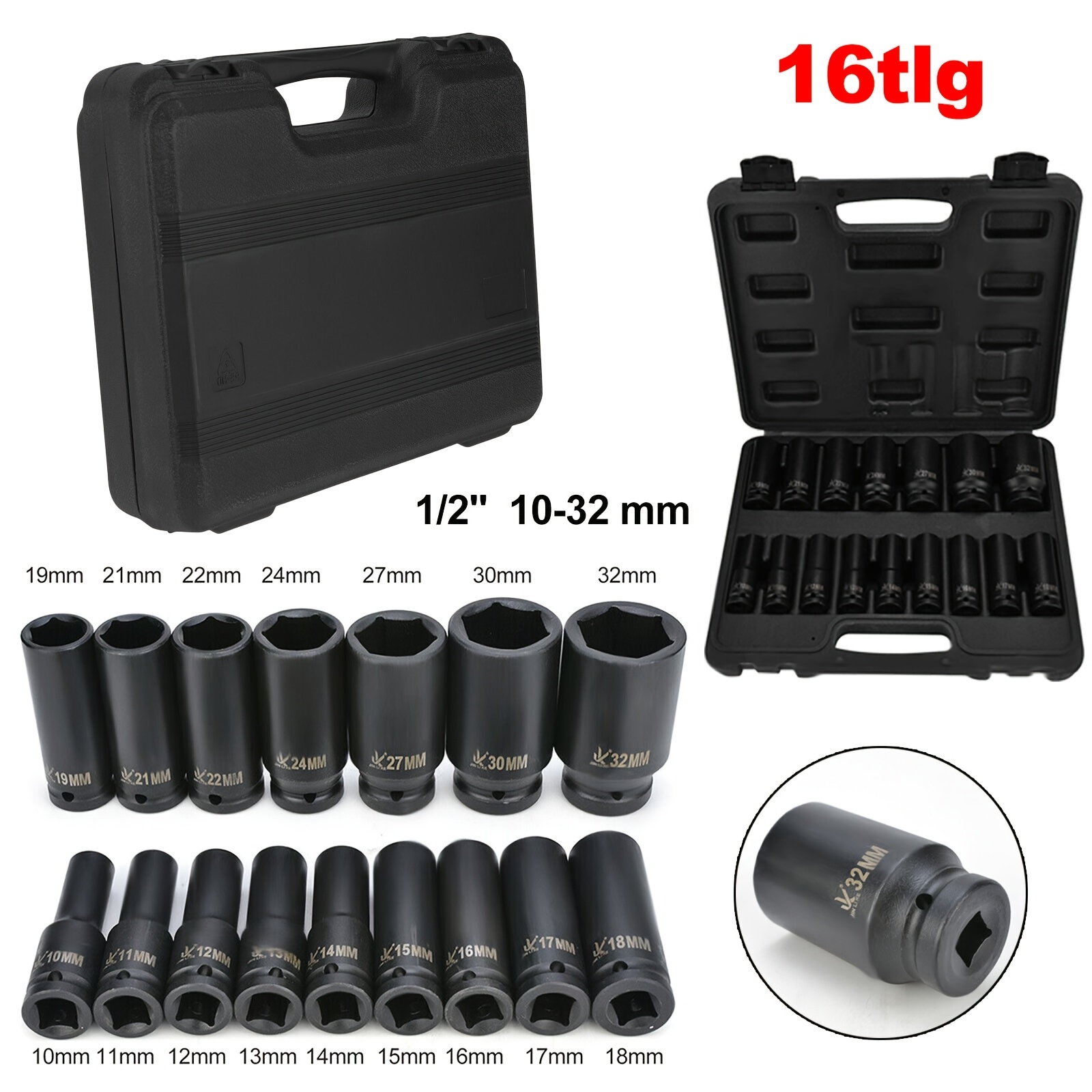 

Impact Wrench Nuts Set 16 Pieces 1/ 2 Inch 10-32mm Socket Wrench Set Impact Nut Set Deep And Flat Assortment For