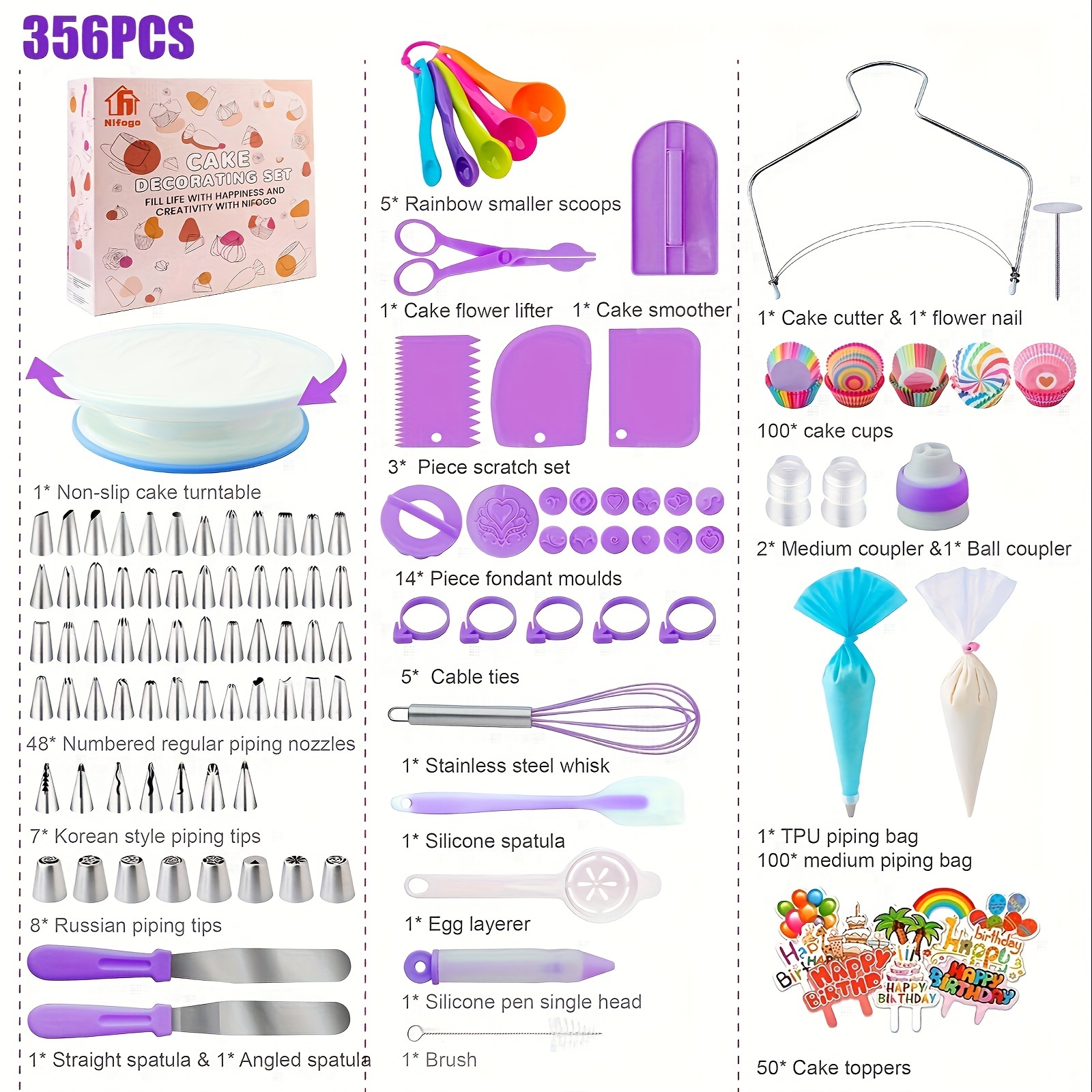 

Cake Accessory Set With 356 Pieces, Baking Accessories, Cake Decoration Accessories, Including A Rotatable Cake Plate, Piping Bags, Piping Nozzles, And Beginner's Spatulas