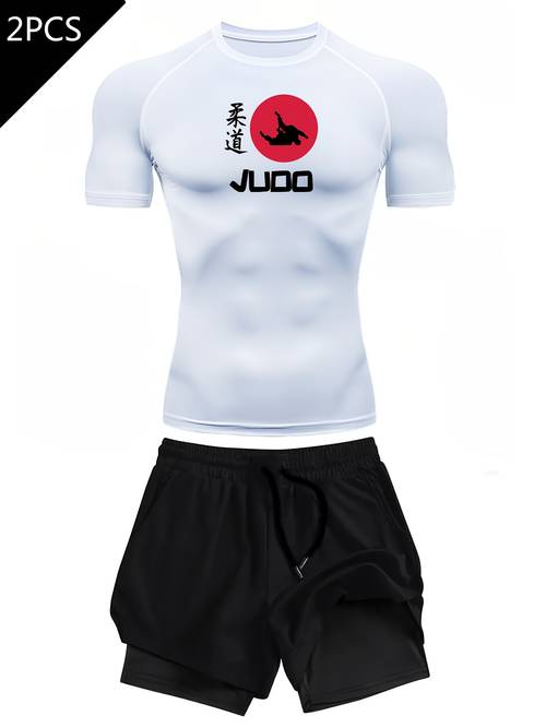 2pcs mens quick dry compression judosuit gym wear high moisture wicking training suit with judo gi print shorts t shirt for martial arts cycling athletic for use spring summer fall